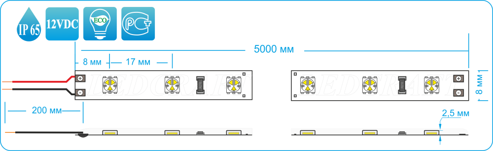 Схема светодиодная влагозащищенная лента  LC-5050-W-12G60 IP65 зеленый